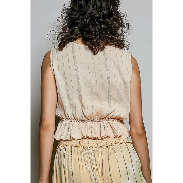 POL Shimmer Pattern Deep V Tie Front Tassel Ruffle‎ Hem Sleeveless Crop Top - M - Image 3