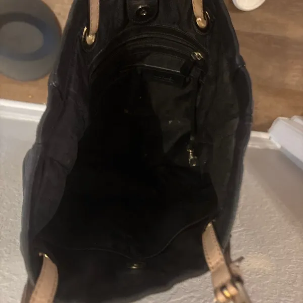 Michael Kors Black Leather Tote with Cream Straps and Gold Hardware - Image 4
