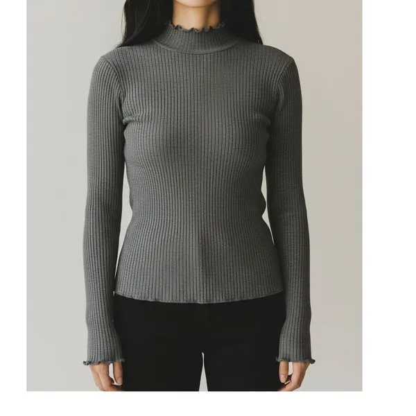 ZARA Ruffled Mock Neck Ruffle Longsleeve Rib Knit Stretch Cotton Sweater M Grey - Image 10
