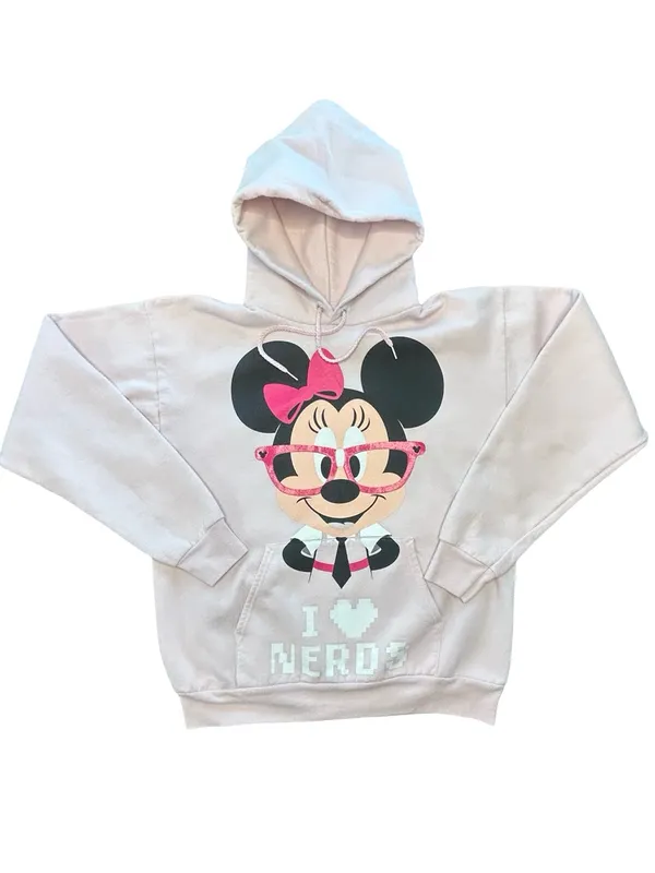 VTG Y2K Disneyland resort Minnie Mouse graphic hoodie pastel pink I love nerds M - Image 2