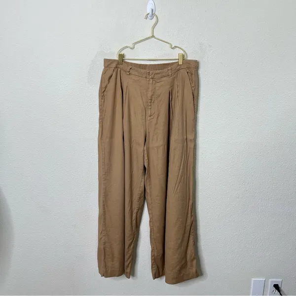 Anthropologie Avery Pleated Wide Leg Trousers‎ Linen Edition Khaki Womens Size L - Image 5