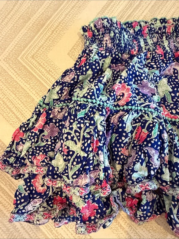 Poupette St Barth Navy Floral Ruffle Mini Skirt Small Medium Mini Pom Poms - Image 2