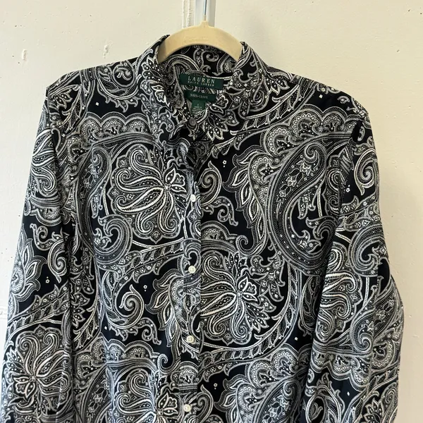 Lauren Ralph Lauren Black White Paisley Non-Iron Cotton Button Down Shirt Large - Image 3