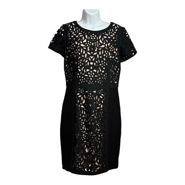 Anthropologie Maeve | Lasercut‎ Basalt Sheath Black Dress Short Sleeve Size 10 - Image 3