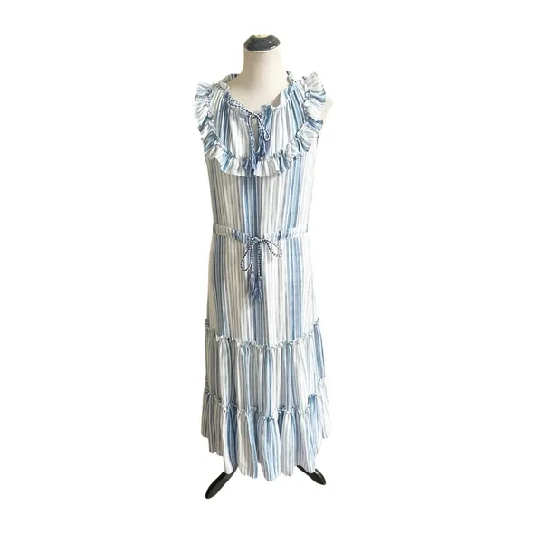 MISA Los Angeles Medium Aleja Stripe Print Linen Midi Dress White Blue Tassel - Image 3