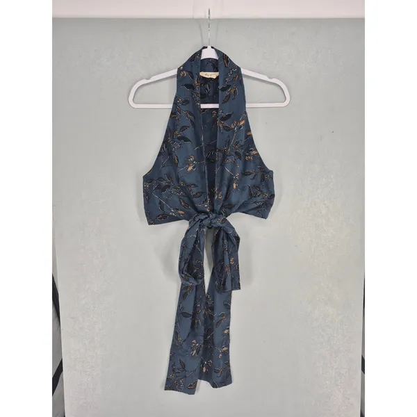 Molly Green Womens Crop Top Blue Floral Halter Tie Front Boho M - Image 2
