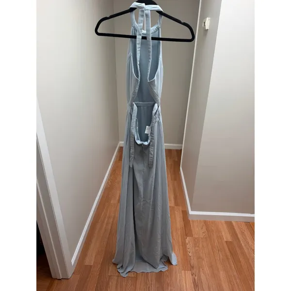 Dessy Collection Stand Collar Halter Maxi Dress Criss Cross Open-back Mist 4 - Image 4