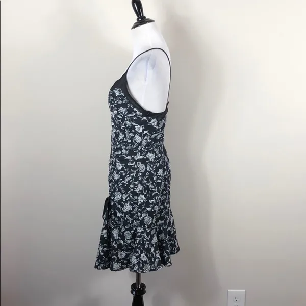 Adelyn Rae Black Floral Mesh Ruched Tie Fit & Flare Mini Dress Small - Image 3