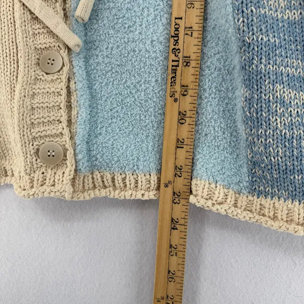 POL Blue Beige Patchwork Knit Hooded Button Cardigan Sweater Cozy Boho Size M - Image 9