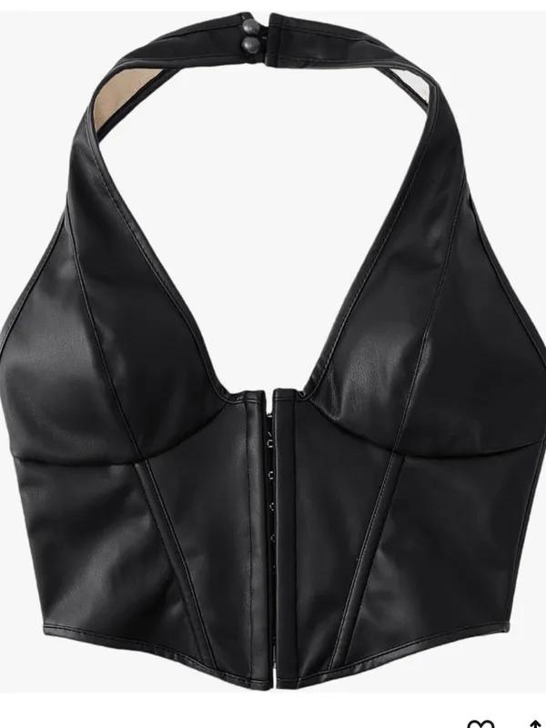 PU Leather Crop Top Women's Hook Eye Backless Halterneck NWOT size Xlarge - Image 4