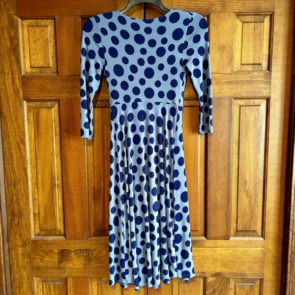 Boden Dress Women's Size 4 Long US, 8L UK Blue Polka Dot V Neck 3/4 Sleeves Work - Image 4