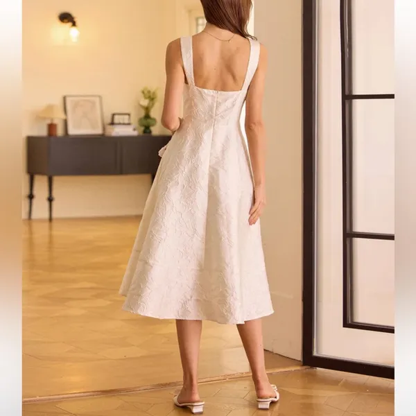 Rihoas White Sweetheart Neck Jacquard Midi Dress - Image 6