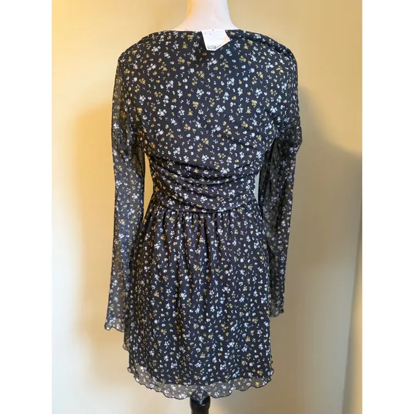 Black Floral Long Sleeve Mini Dress boho whimsi L y2k‎ fairy flowy resort - Image 3