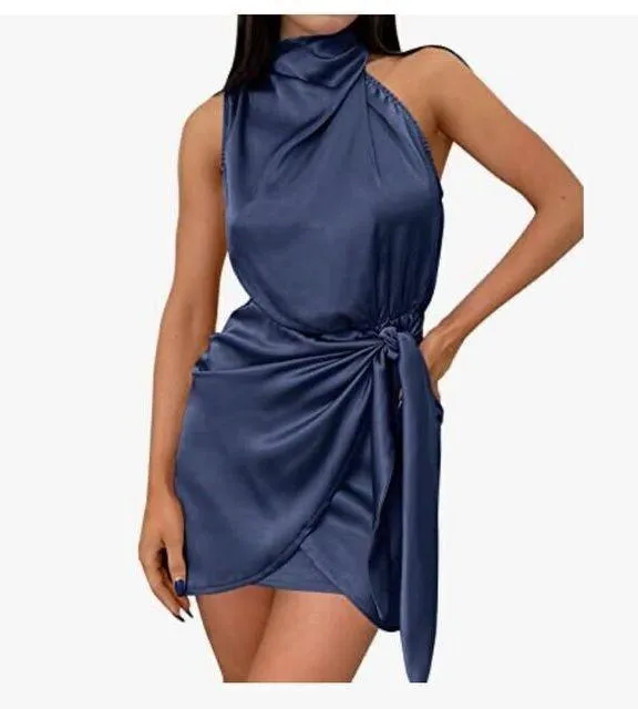 NEW Satin Sleeveless Halter Neck Tie Waist Wrap Bodycon Mini Dress M - Image 4