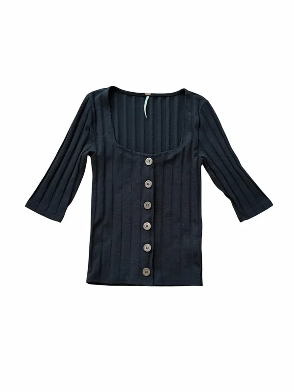 Free People Central Park Women's Black Ribbed Button-Front Top Size XS - Image 4