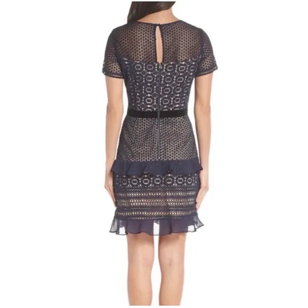 Chelsea28 Navy Lace Sheath Dress Velvet Belt Ruffle Hem Cocktail Wedding Guest‎ - Image 2
