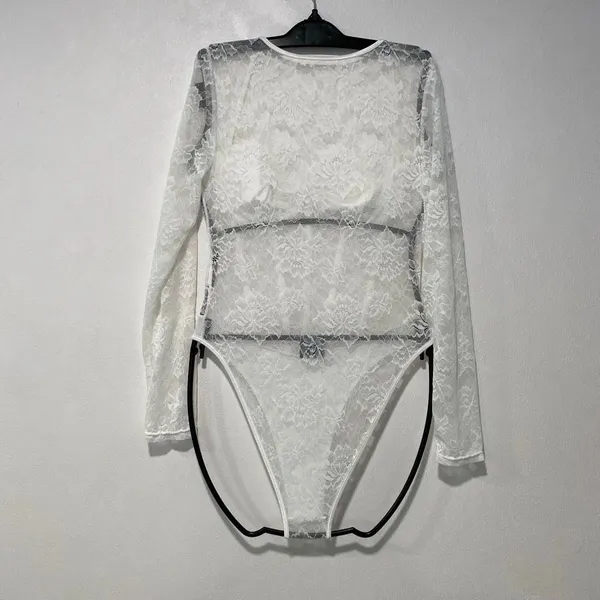 White Floral Lace Corset Bodysuit Long Sleeve Bustier Bridal Coquette - Image 3