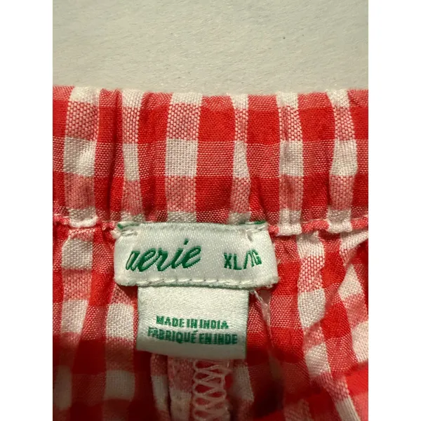 Aerie Seersucker Lounge Pajama Pant XL Red White Gingham Check Crochet Trim Boho - Image 4