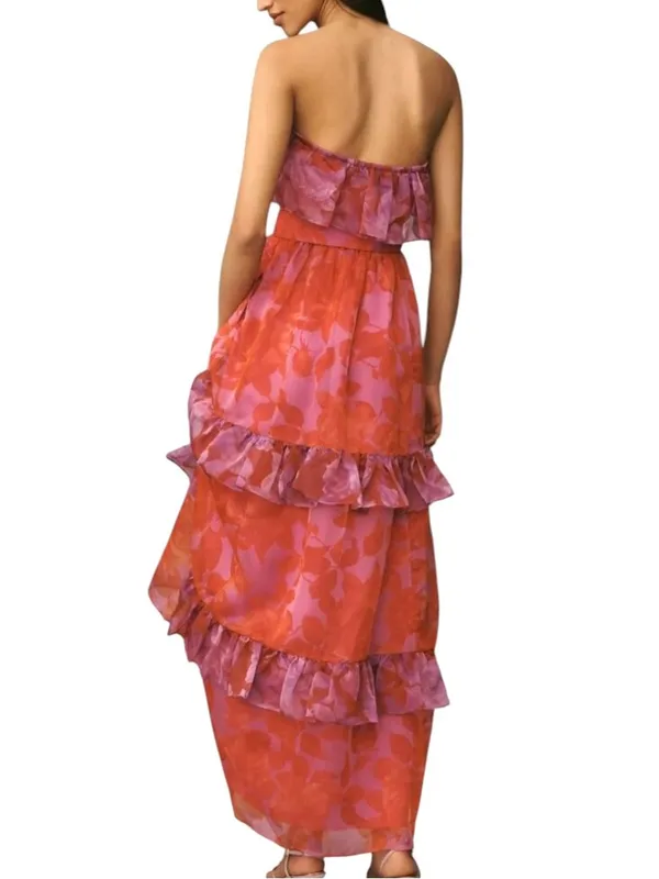 Anthropologie Strapless Tiered Maxi Dress Pink Orange Floral Ruffle Belted XL - Image 2