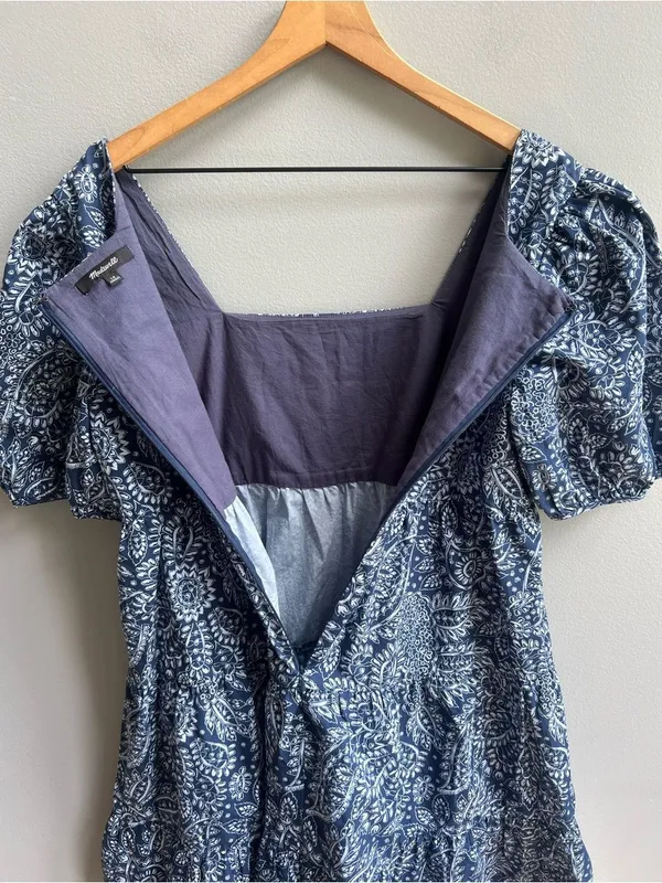 Madewell Poplin Puff-Sleeve Tiered Babydoll Dress in Paisley Garden Navy Size 10 - Image 10
