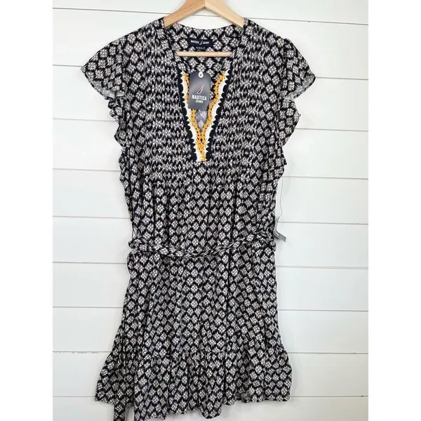 Nautica Jeans Siesta Key Beach Blue Flutter Sleeve Tie Waist Popover Dress Sz XL - Image 2