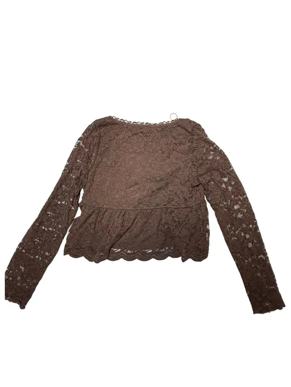 La Peche Brown Lace Long Sleeve Crop Top Women’s XL Sheer Floral Blouse Y2K - Image 2