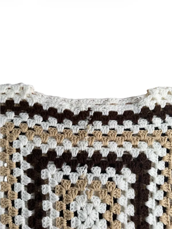 Vintage Handmade Crochet Granny Square Sweater Pullover Boho Neutral Cream Brown - Image 5