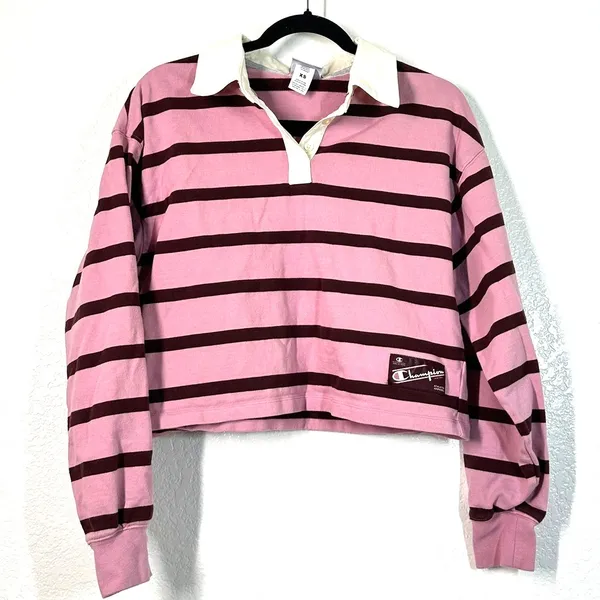 Champion Shirt XS Long Sleeve Rugby Top Cropped Pink Polo Preppy Academia - Image 2