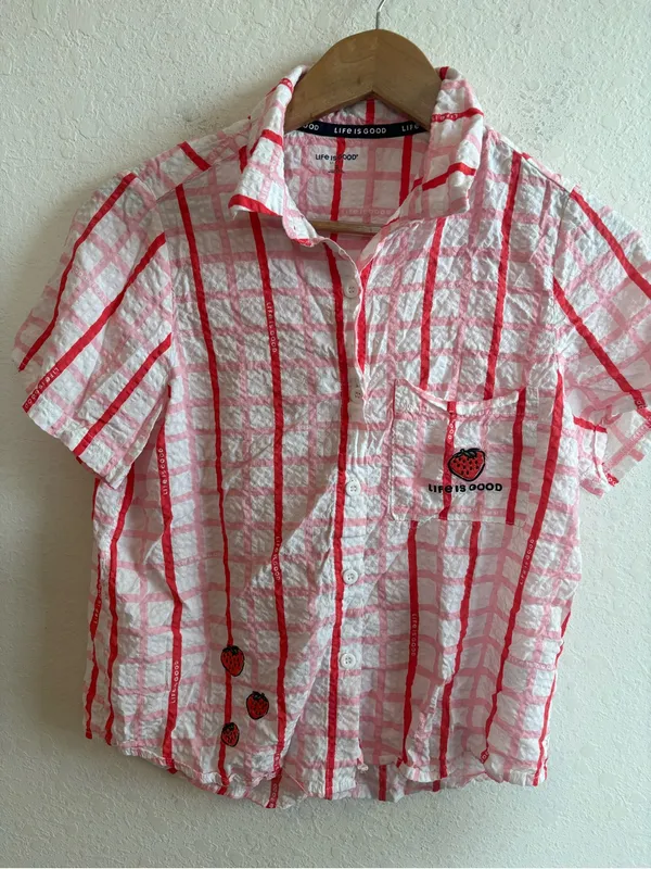 Life is Good pink-and-white checked short pajama set embroidered strawberry - Image 2