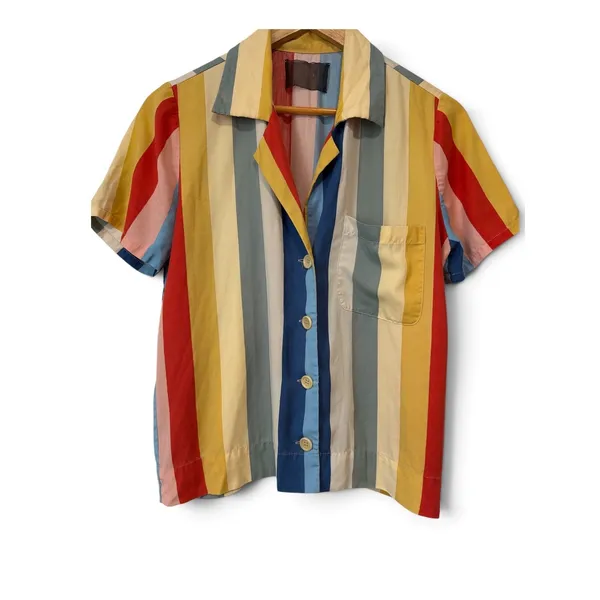 Reformation Rainbow Stripe Tencel Short Sleeve Camp Shirt Multi Color S - Image 4