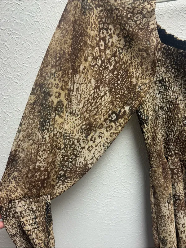 Betsey Johnson Large Brown Animal-print Smocked Maxi Dress With Sheer Sleeves - Image 5