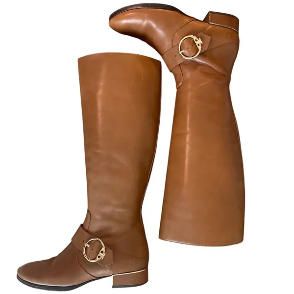 Tory Burch Sofia 40343 Cognac Leather Riding Boots Gold Buckle 8.5 - Image 4