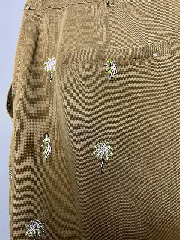 Vintage Bobby Chan Bermuda Shorts Womens 10 Brown Silk Palm Hawaiian Embroidered - Image 5