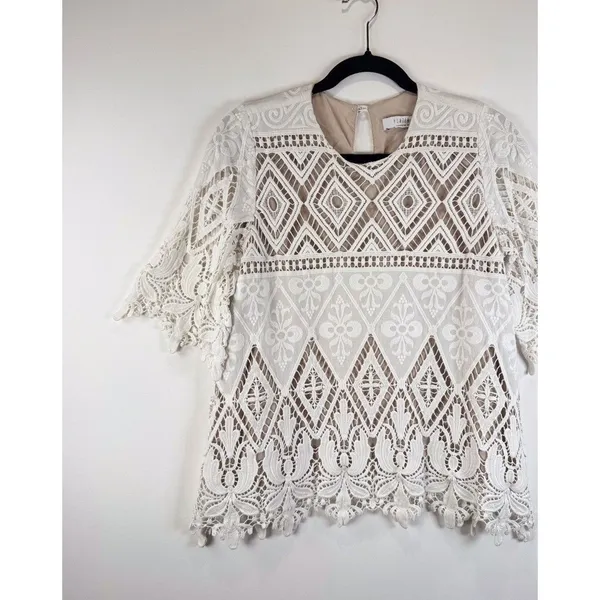 Hunter Bell Womens Top White Crochet Lace Overlay 3/4 Sleeve Blouse Size 4 - Image 6