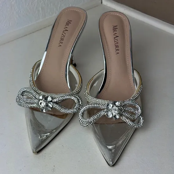 Silver Metallic Clear PVC Crystal Bow Pointed Toe Heels Black Tie Wedding Prom - Image 3
