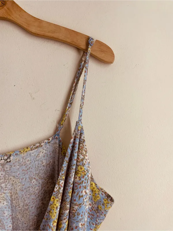 Free People All My Love Wrap Dress Blue Yellow Floral Mini Ruffle Hem size M - Image 6