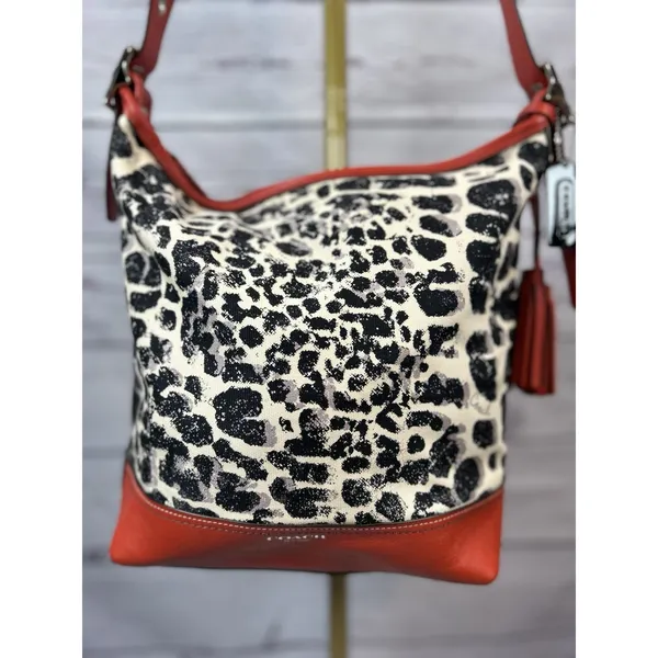 Coach Ocelot Cheetah Shoulder Bag Purse Red Black Cream Tassel Hang Tag - Image 2