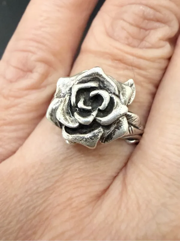 Vintage Signed MARAVA Oxidized Sterling Silver Full Bloom 3D Rose Ring Size 9 - Image 7