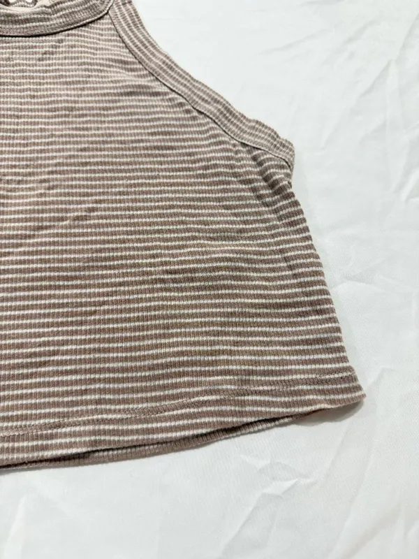 Truly Madly Deeply Tan Cream Striped Ribbed Tank Top Shirt Scoop Small Women's - Image 10