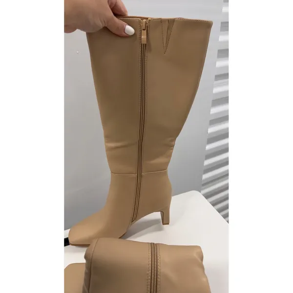 Beige Square Toe Block Heel Knee High Boots Tan Tall Side Zip Size 41 US 10,5 - Image 4