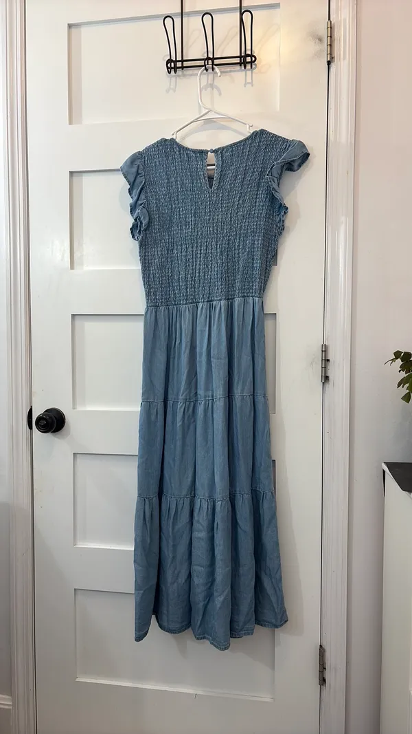 Blue Maxi Dress Ruffle Sleeves Sinched Top - Image 2
