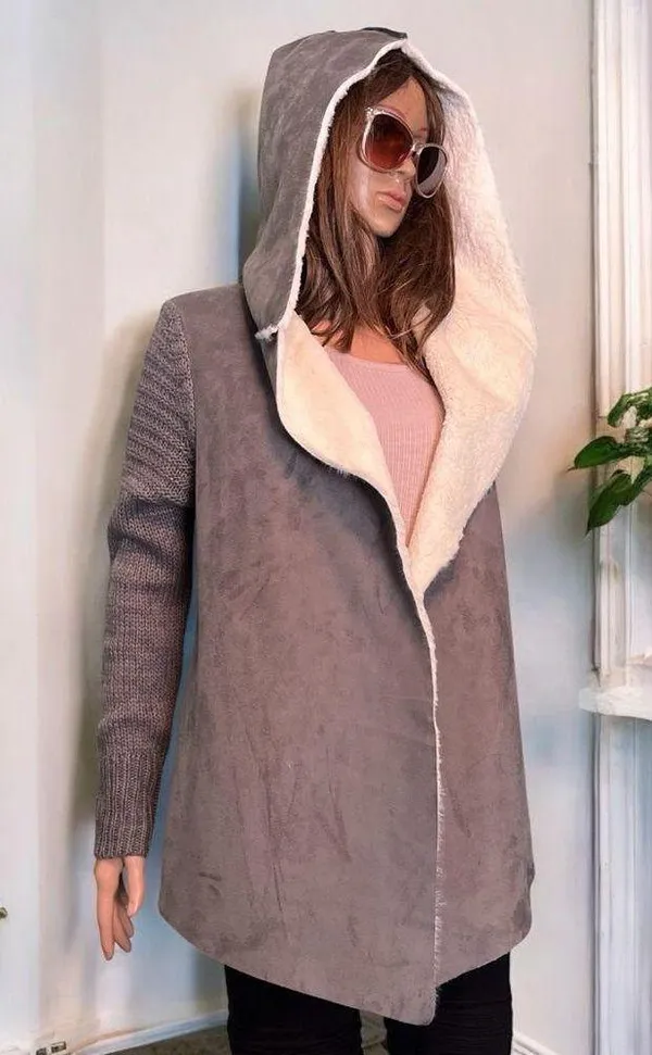 Sweater. Hooded. Faux Fur/Suede. Grey &White. Open Cardigan. - Image 5