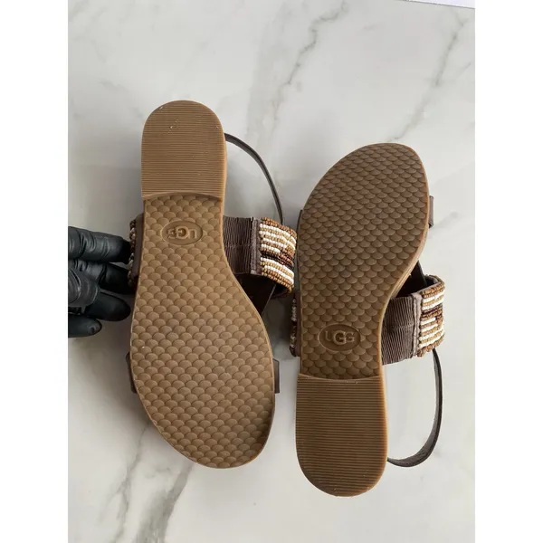 UGG Verona Serape Beaded Flat Leather Sandals Brown Tan Sz 6.5 Boho Flaw - Image 4