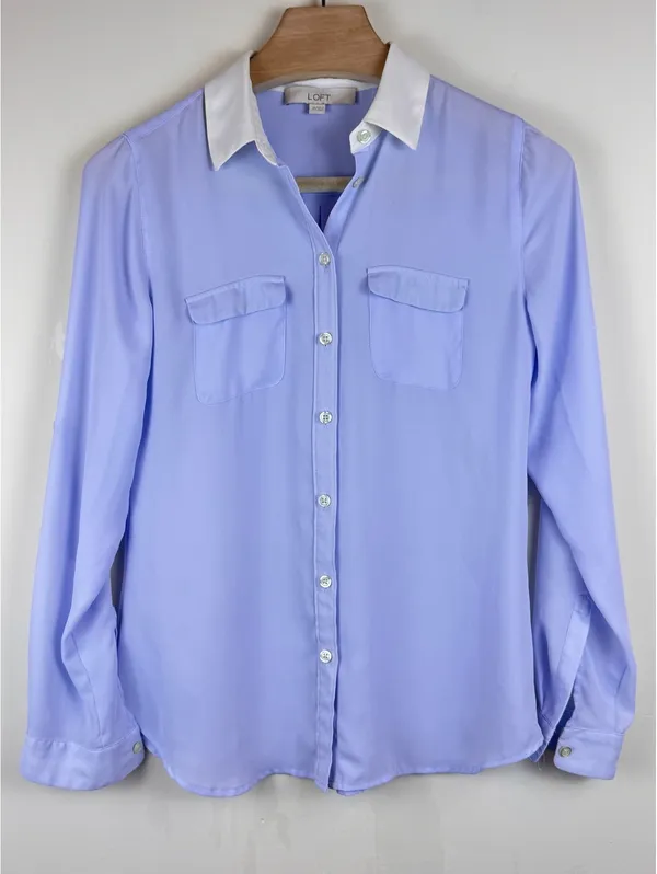 LOFT Lavender White Contrast Collar Utility Blouse Button Down Shirt XS - Image 2
