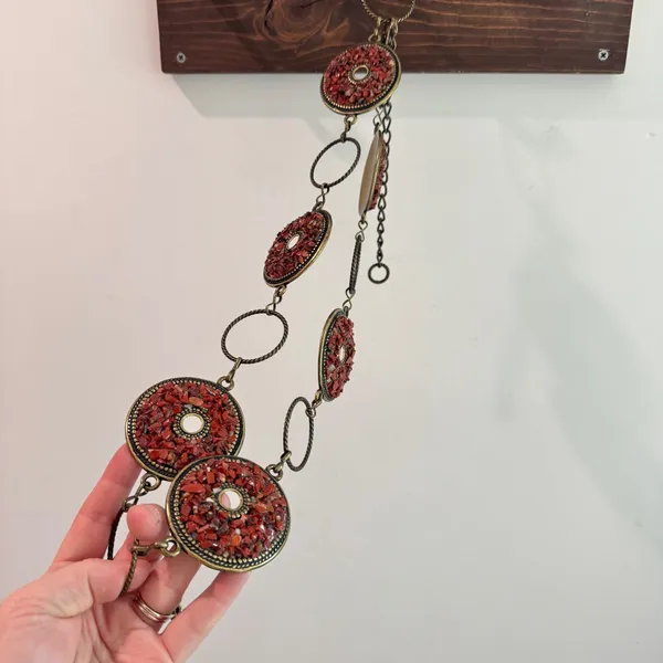 Vintage Red Stone Medallion Chain Belt Antique Brass Boho Statement Accessory - Image 10