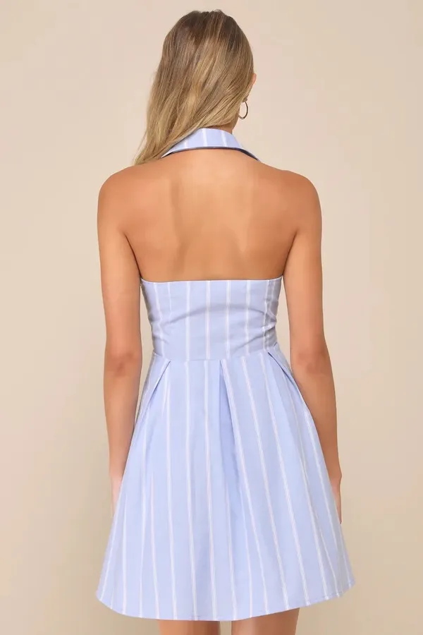 Lulus Posh Beauty Light Blue Striped Collared Halter Mini Skater Dress - Image 3