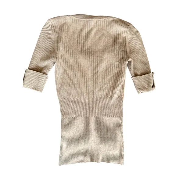 Vintage Cache Y2K Braid Collar 3/4 Sleeve Rib Knit Tan Sweater Minimalist - Image 3
