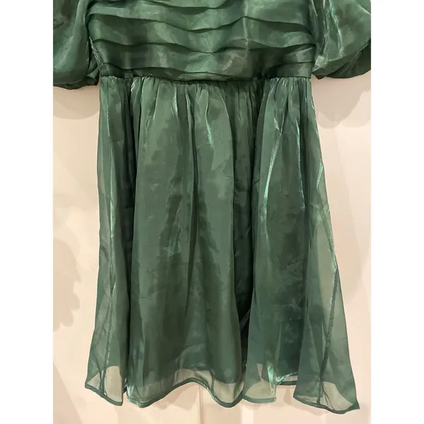 Entro Green Organza Party Bubble Sleeve Mini Dress, L - Image 6