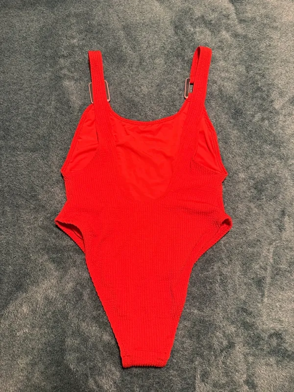 NWOT Aerie Crinkle Birthday Scoop Cheekiest One Piece‎ Swimsuit Size Medium Red - Image 4