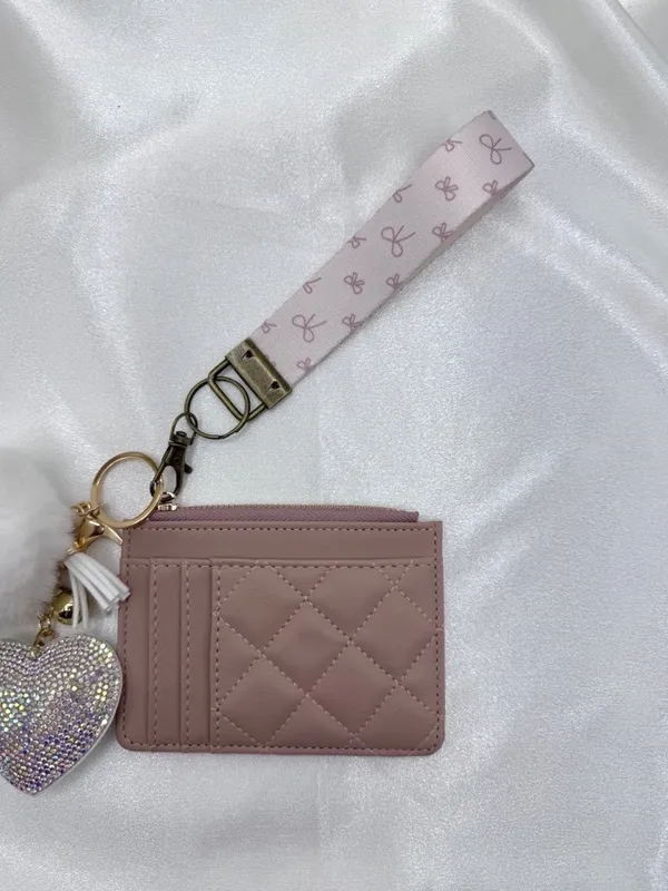 Blush Pink Quilted Card Holder Wallet with Rhinestone Heart Charm - Image 2